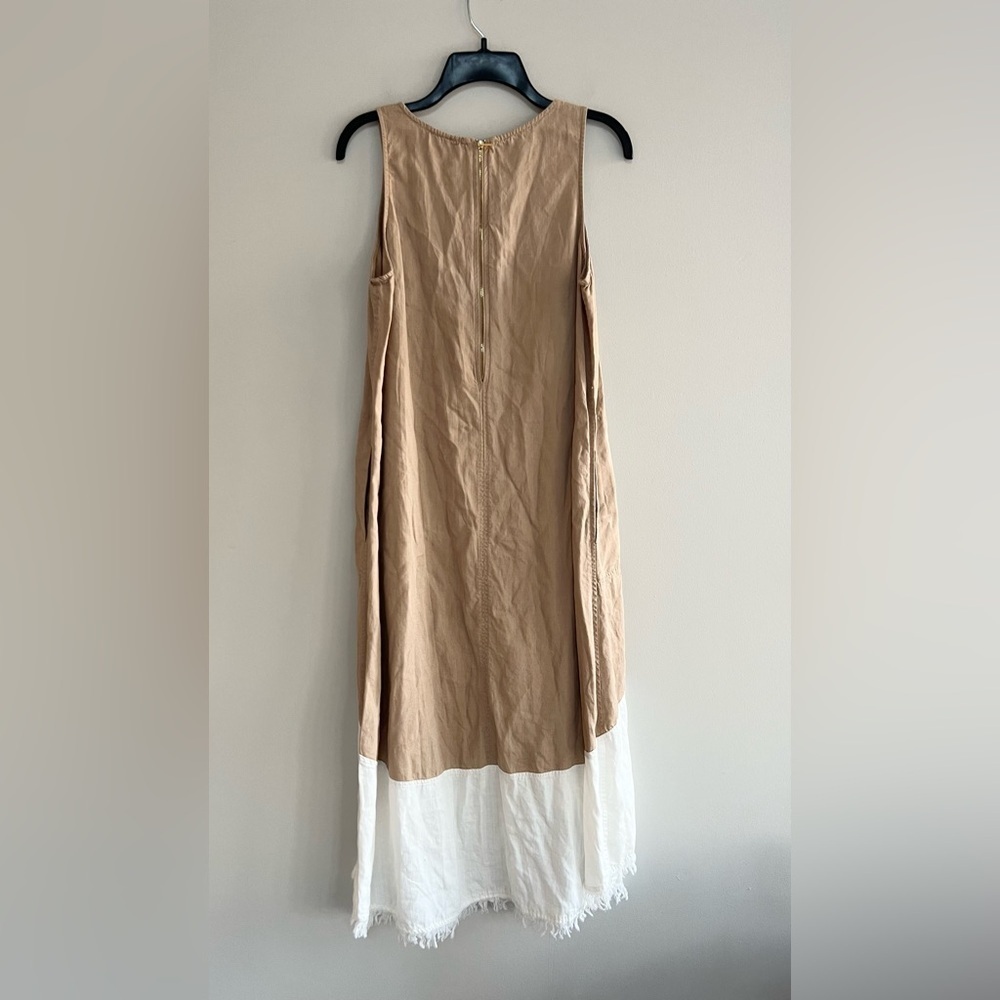Nanette Lepore Hi-Lo Asymetrical Linen Blend Dress w/Fringe Hem, Beige/White, 8 - Picture 3 of 10